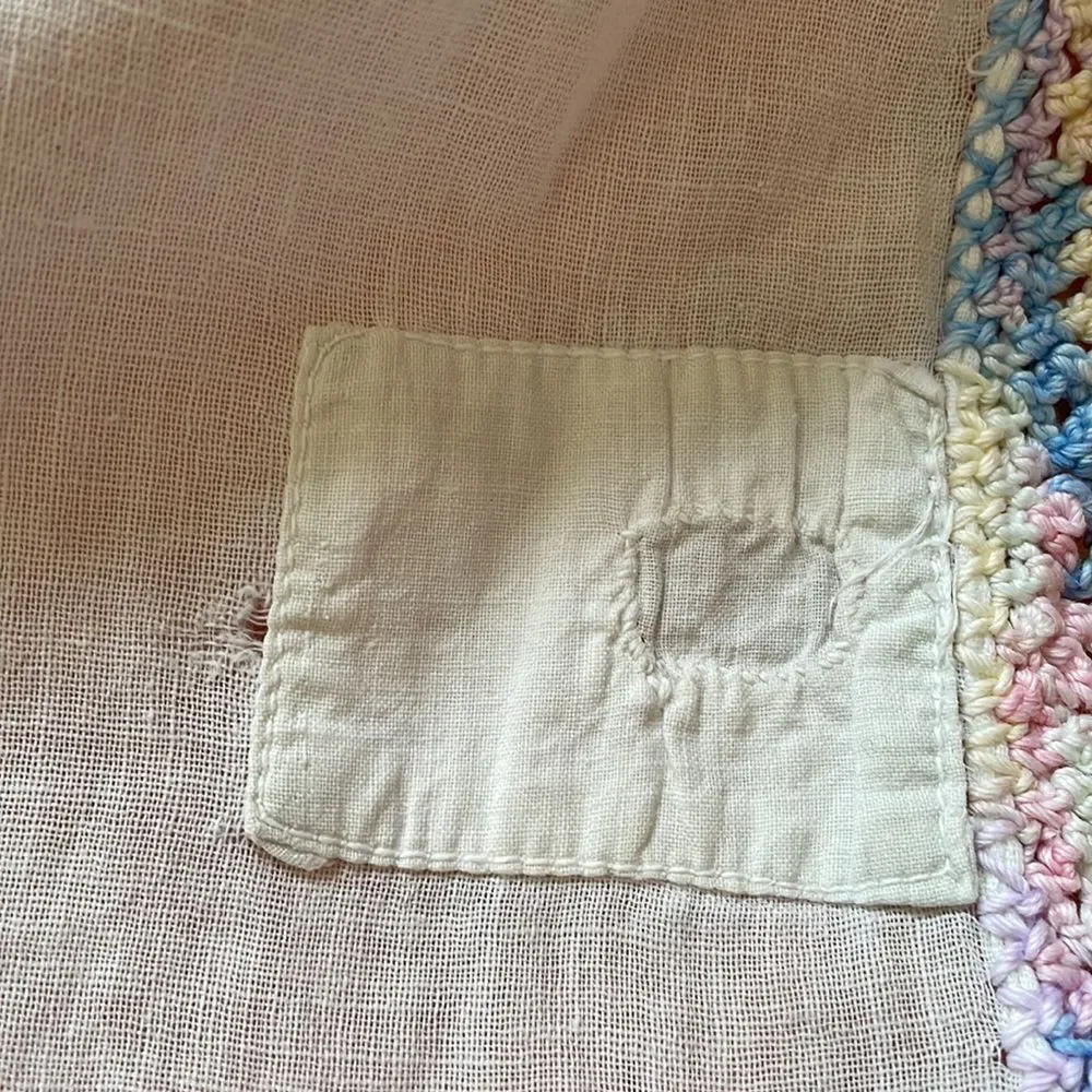 Vintage white cotton lawn table runner with pastel crochet edges‎